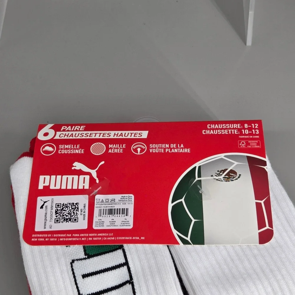 Puma Crew‎ Socks Mens 10-13 6 Pair Mexico Soccer Colors Athletic Sportswear